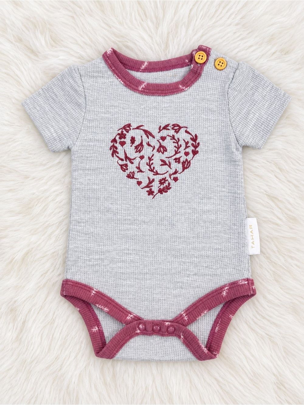 Tahari Heather Gray Ribbed Bodysuit with Rose Trim and Heart Motif